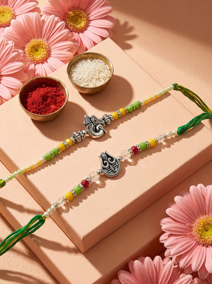 NVR Set of 2 Multicolor Religious Thread Rakhi with Roli Chawal Chandan Mishri