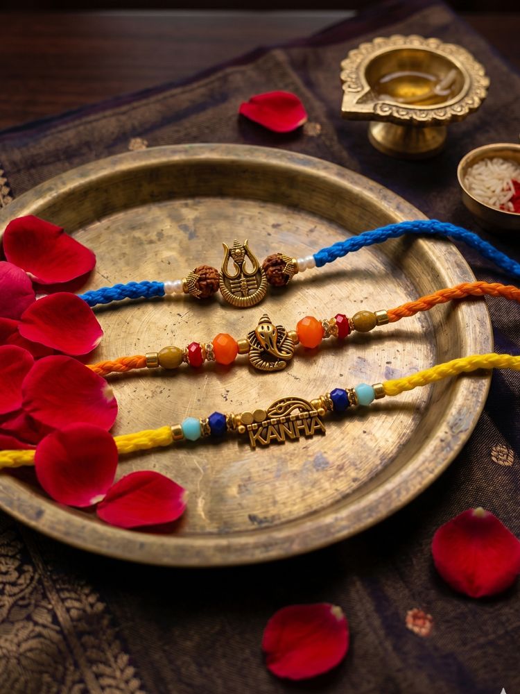 NVR Set of 3 Rudraksh Religious Rakhi Thread Rakhi Roli Chawal Chandan Mishri