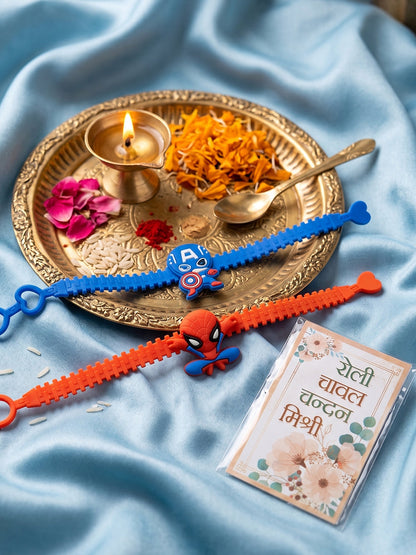 NVR Set of 2 Superhero Kids Rakhi with Roli Chawal Chandan Mishri