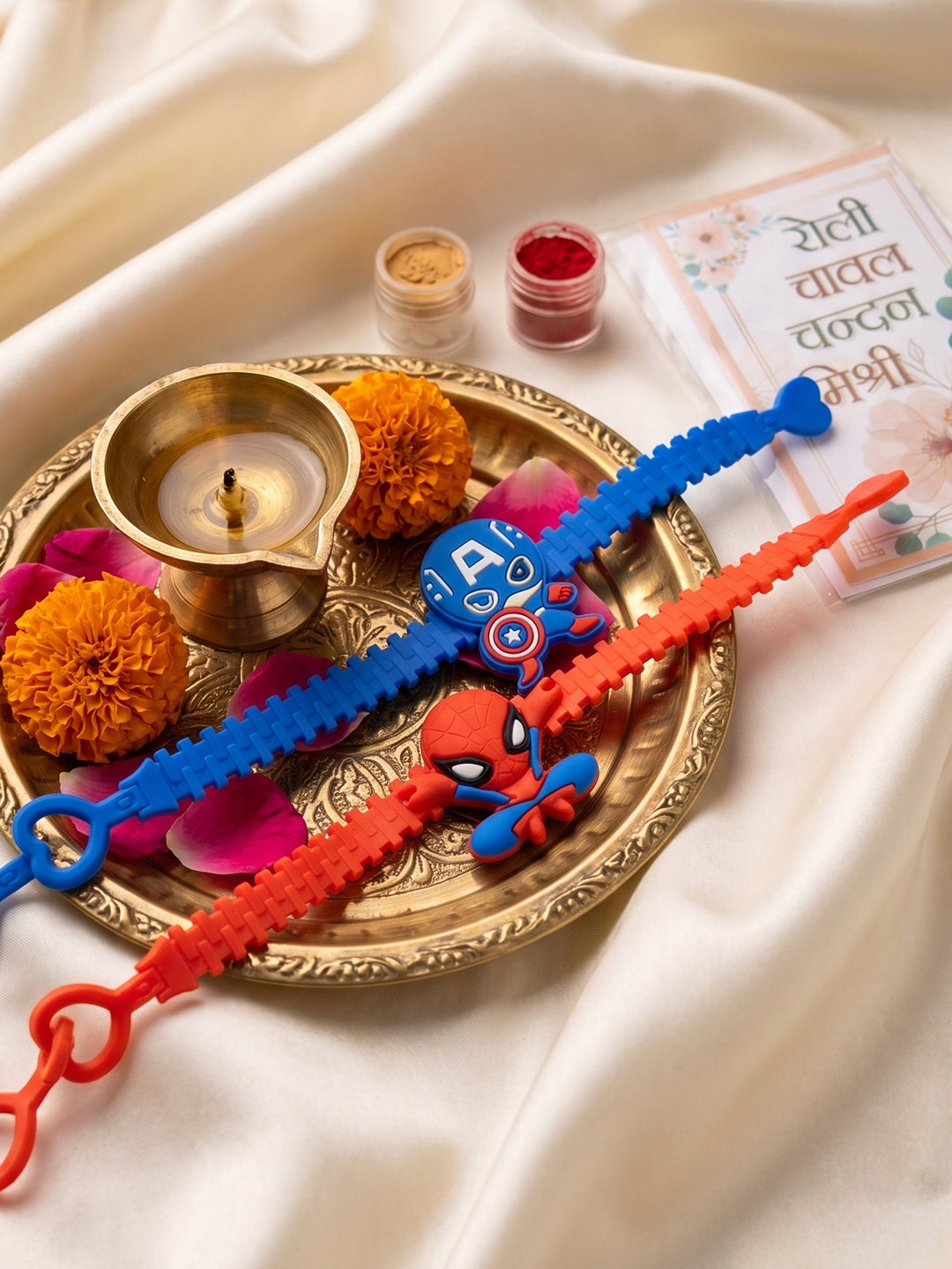 NVR Set of 2 Superhero Kids Rakhi with Roli Chawal Chandan Mishri