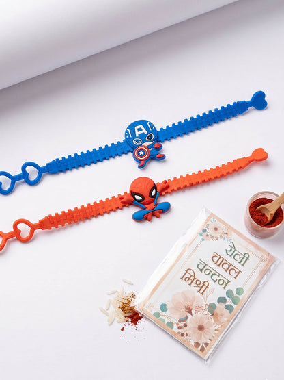 NVR Set of 2 Superhero Kids Rakhi with Roli Chawal Chandan Mishri