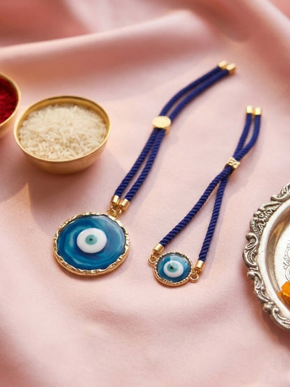 NVR Set of 2 Blue Evil Eye Design Bhaiya Bhabhi Wraparound Rakhi with Roli Chawal Chandan