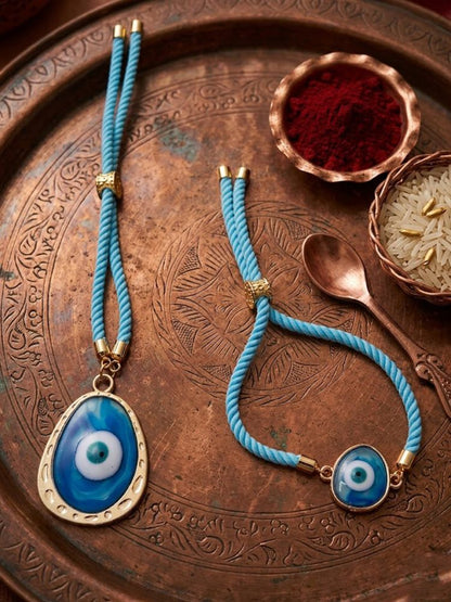 NVR Set of 2 Blue Evil Eye Bhaiya Bhabhi Wraparound Rakhi with Roli Chawal Chandan Mishri