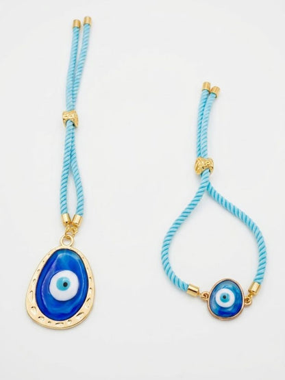 NVR Set of 2 Blue Evil Eye Bhaiya Bhabhi Wraparound Rakhi with Roli Chawal Chandan Mishri