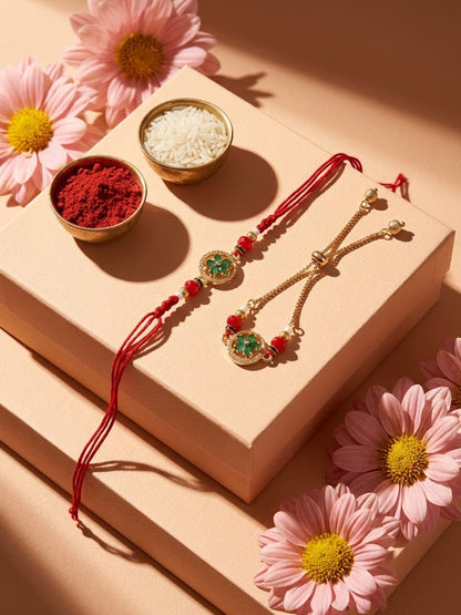 NVR Set of 2 AD Drawstring Bhaiya Bhabhi Rakhi With Roli Chawal Chandan Mishri