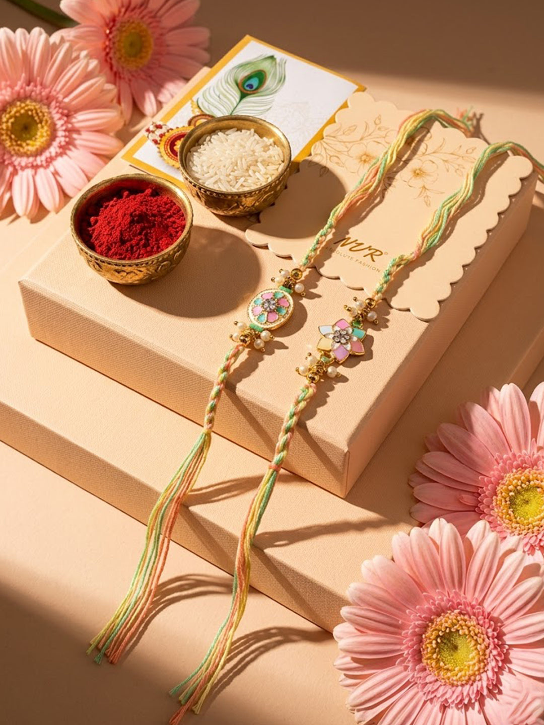 NVR Set of 2 Meenakari Floral Thread Rakhi with Roli Chawal Chandan Mishri