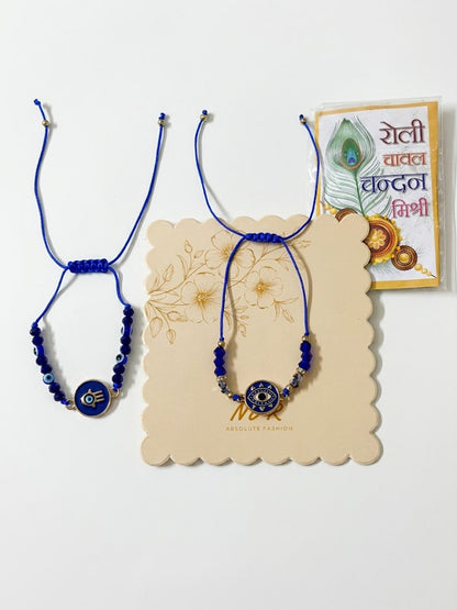 NVR Set of 2 Blue Evil Eye Thread Rakhi With Roli Chawal Chandan Mishri