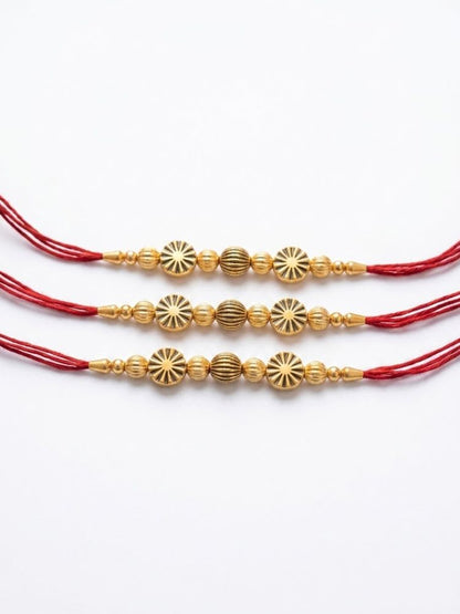 NVR Set of 3 Red & Gold Toned Artificial Stones & Beads Thread Rakhi With Roli Chawal