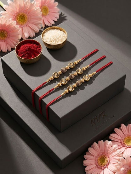 NVR Set of 3 Red & Gold Toned Artificial Stones & Beads Thread Rakhi With Roli Chawal