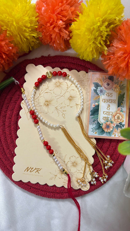 NVR Set of 2 White Pearls & Red Artificial Beads Bhaiya Bhabhi Rakhi with Roli Chawal
