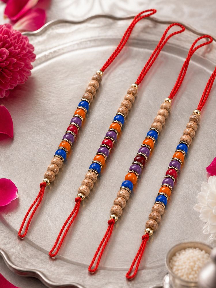 NVR Set of 4 Multicolor Circular Beads Studded Thread Rakhi with Roli Chawal Chandan