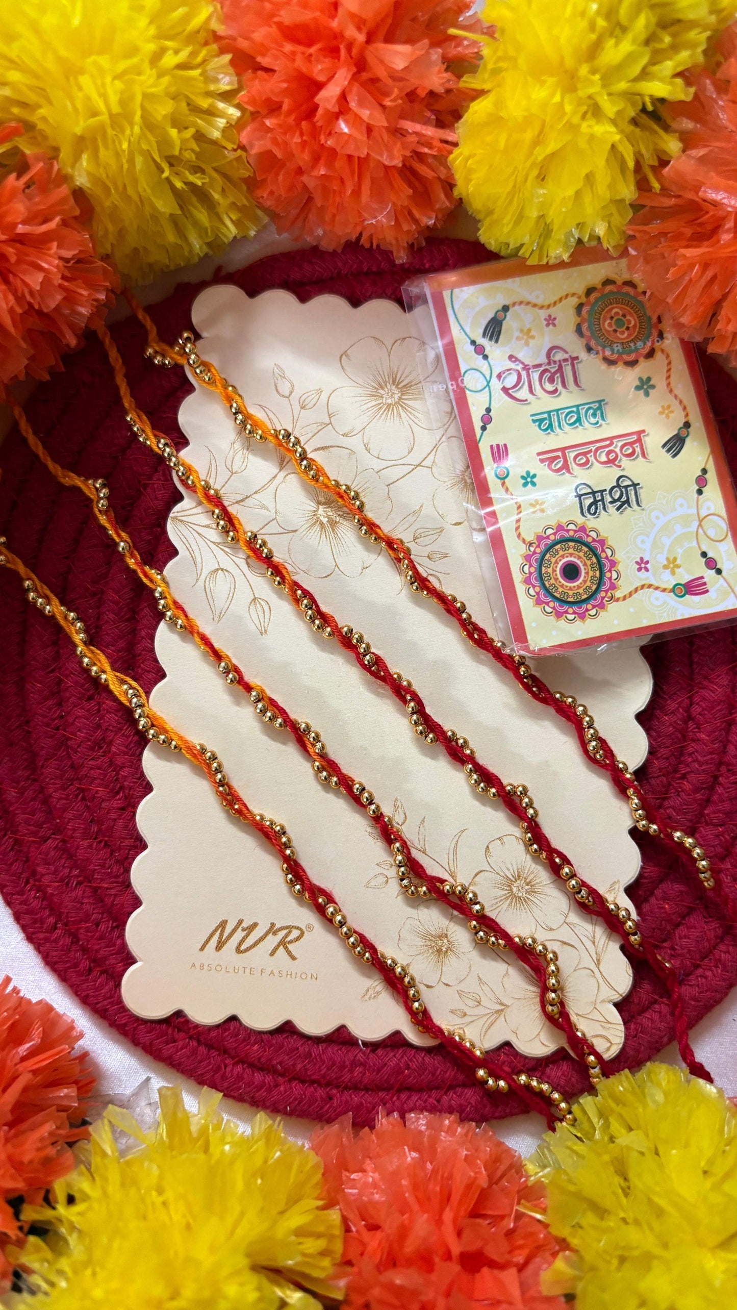 NVR Set of 4 Yellow & Red Thread Rakhi with Roli Chawal Chandan Mishri