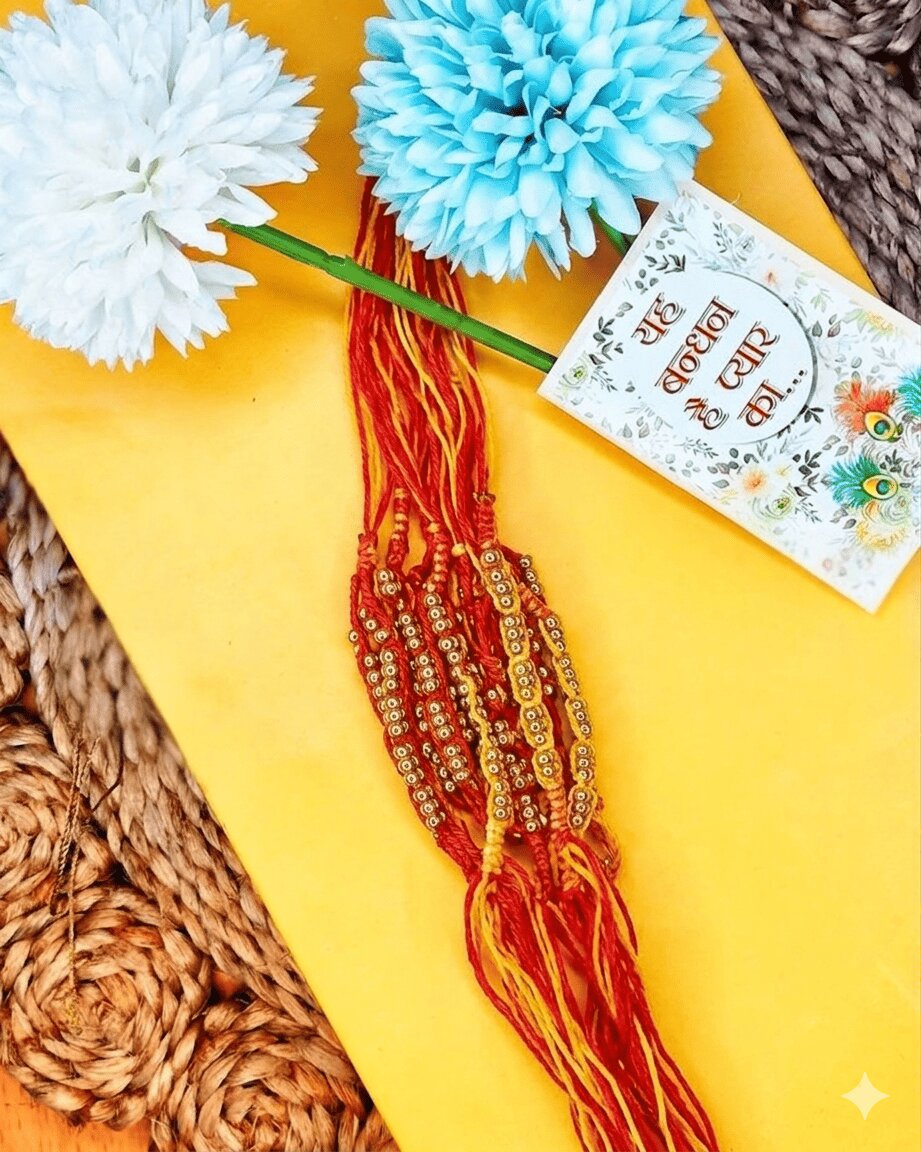 NVR Set of 6 Yellow & Red Thread Rakhi with Roli Chawal Chandan Mishri
