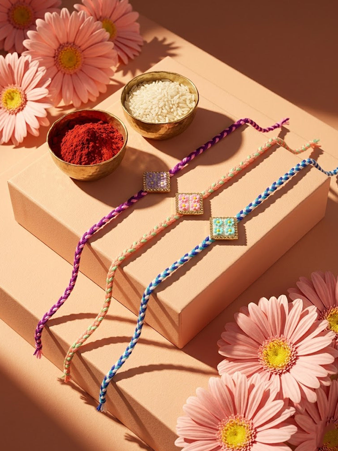 NVR Set of 3 Multicolor AD Thread Rakhi with Roli Chawal Chandan Mishri