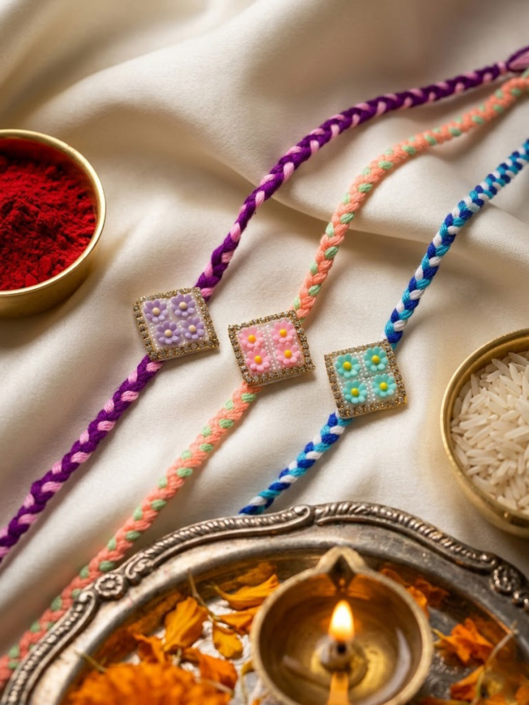 NVR Set of 3 Multicolor AD Thread Rakhi with Roli Chawal Chandan Mishri