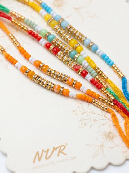 NVR Set of 6 Multi Artificial Beads Thread Rakhi with Roli Chawal Chandan Mishri