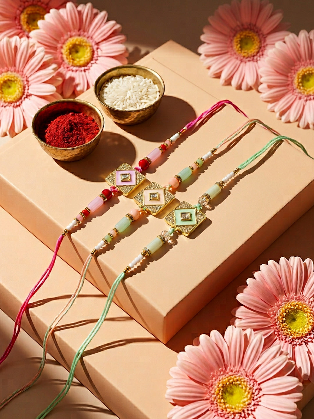 NVR Set of 3 Multicolor AD Thread Rakhi with Roli Chawal Chandan Mishri