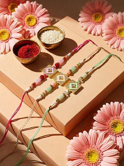 NVR Set of 3 Multicolor AD Thread Rakhi with Roli Chawal Chandan Mishri