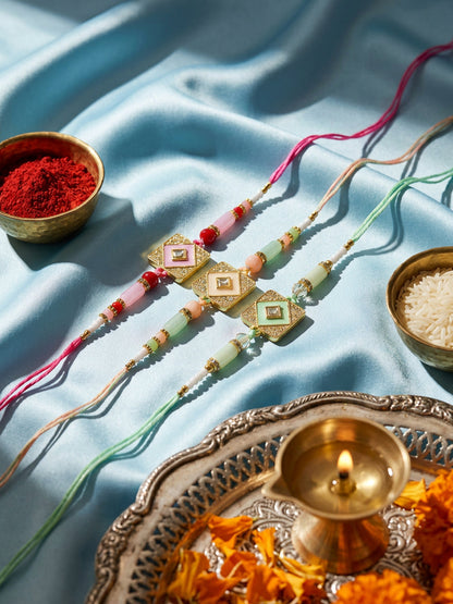 NVR Set of 3 Multicolor AD Thread Rakhi with Roli Chawal Chandan Mishri