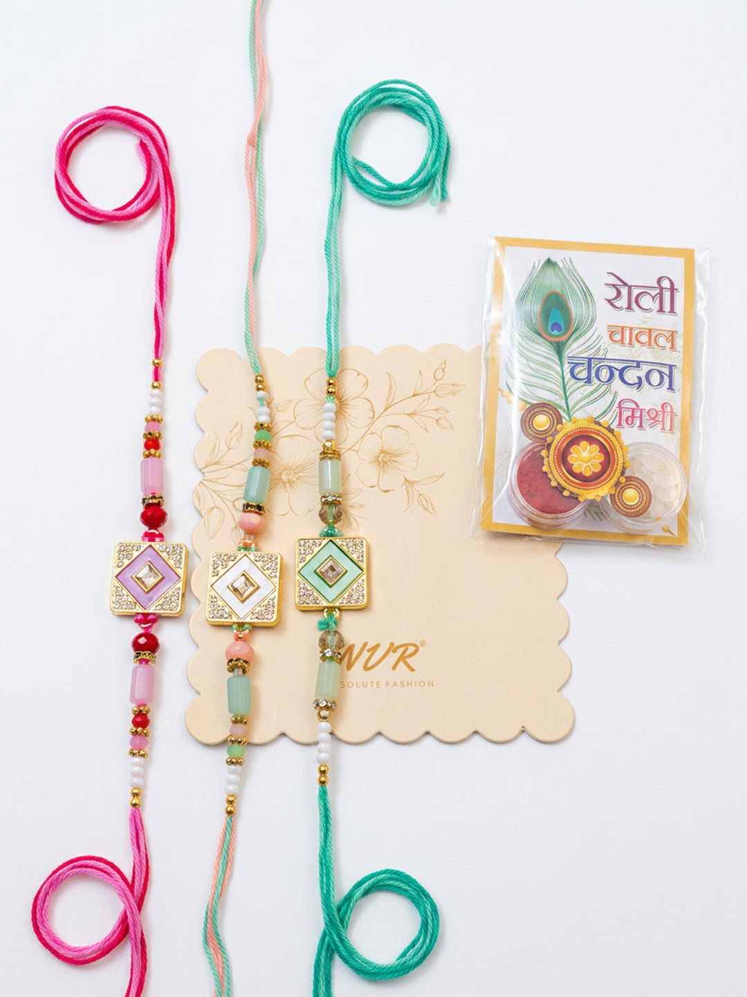 NVR Set of 3 Multicolor AD Thread Rakhi with Roli Chawal Chandan Mishri