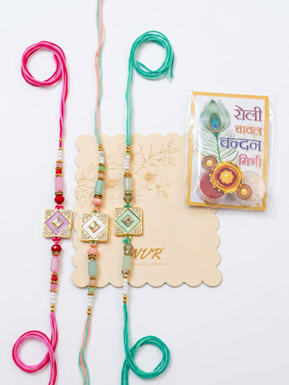 NVR Set of 3 Multicolor AD Thread Rakhi with Roli Chawal Chandan Mishri