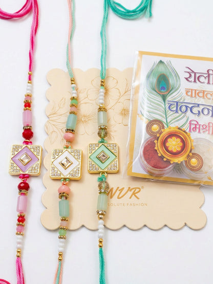 NVR Set of 3 Multicolor AD Thread Rakhi with Roli Chawal Chandan Mishri