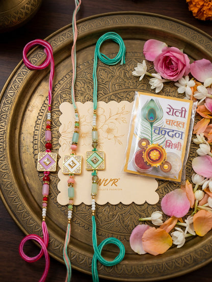 NVR Set of 3 Multicolor AD Thread Rakhi with Roli Chawal Chandan Mishri