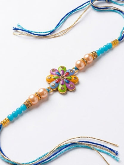 NVR Artificial Beads Flower Shape Multicolor Thread Rakhi with Roli Chawal Chandan Mishri