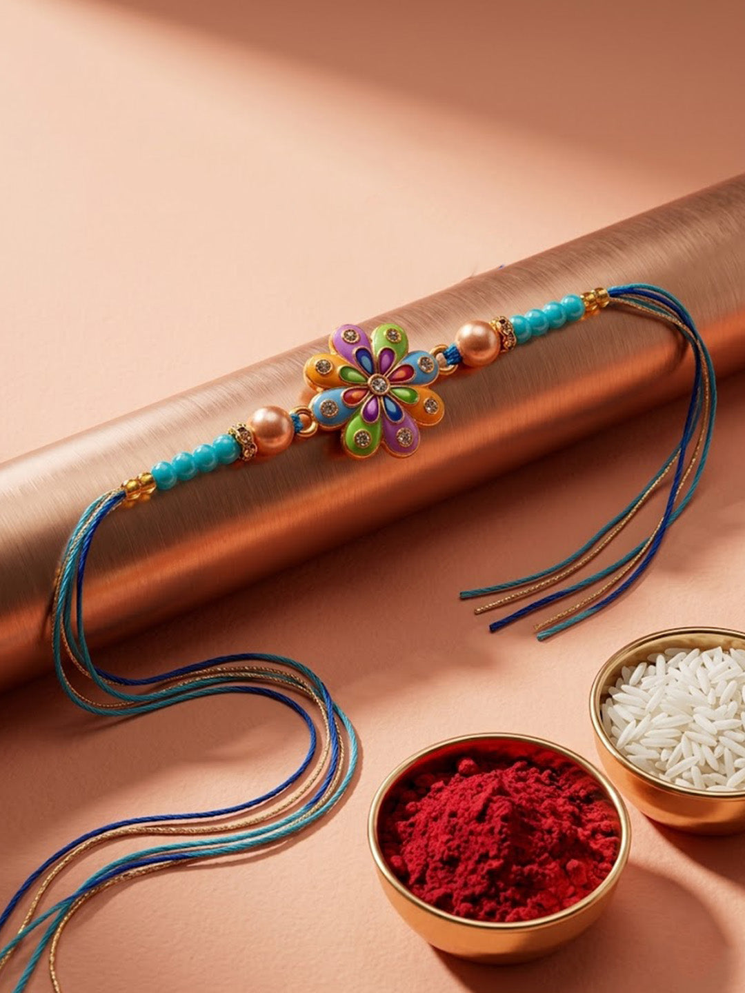 NVR Artificial Beads Flower Shape Multicolor Thread Rakhi with Roli Chawal Chandan Mishri