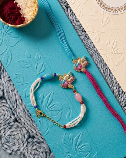 NVR Set of 2 Artificial Beads Radha Krishna Bhaiya Bhabhi Rakhi with Roli Chawal Chandan