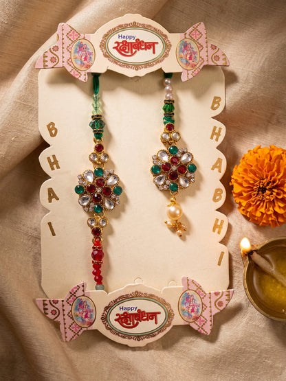 NVR Set of 2 Floral Design Kundan Studded Bhaiya Bhabhi Rakhi With Roli Chawal Chandan