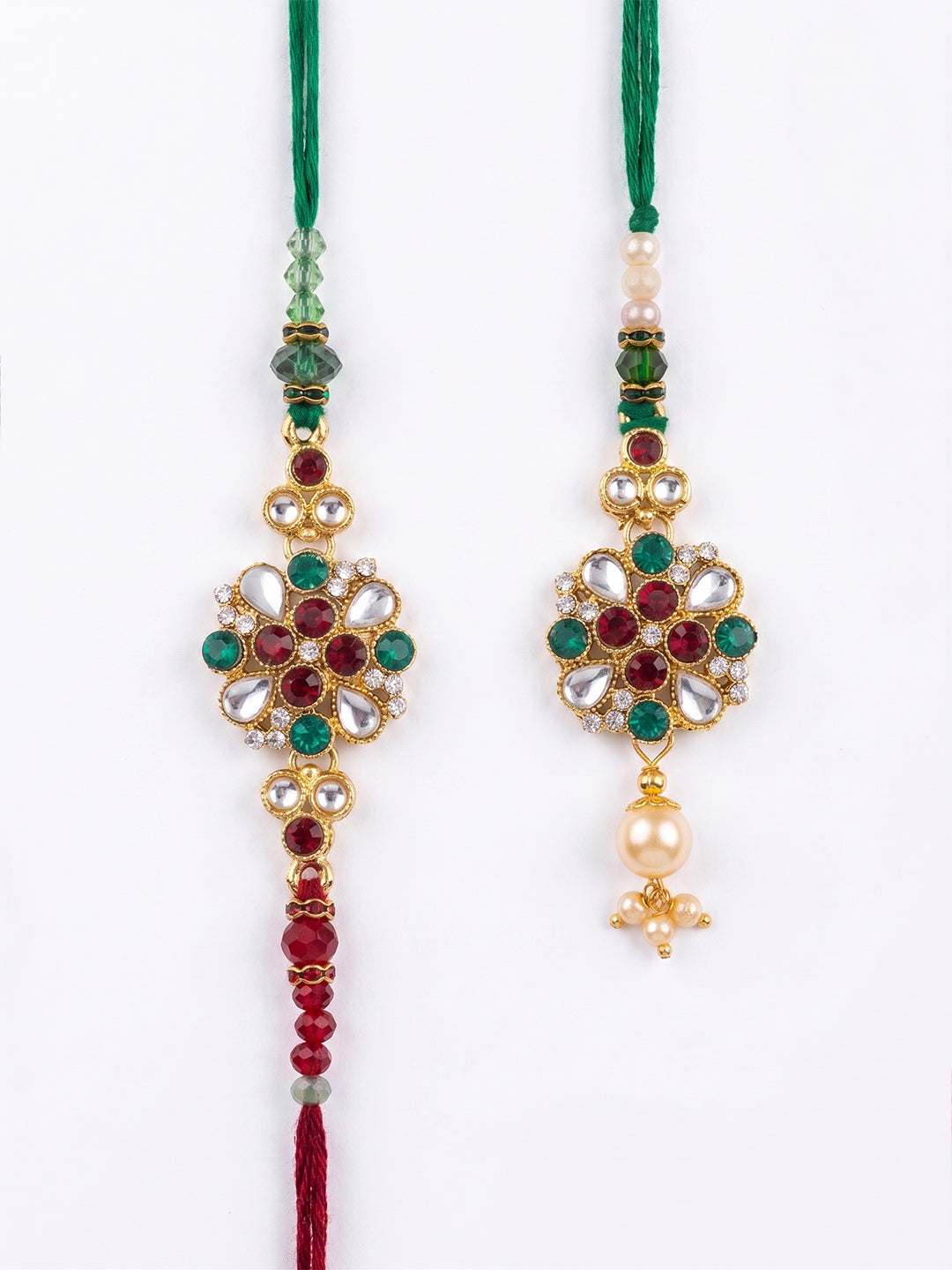 NVR Set of 2 Floral Design Kundan Studded Bhaiya Bhabhi Rakhi With Roli Chawal Chandan