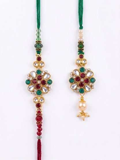 NVR Set of 2 Floral Design Kundan Studded Bhaiya Bhabhi Rakhi With Roli Chawal Chandan