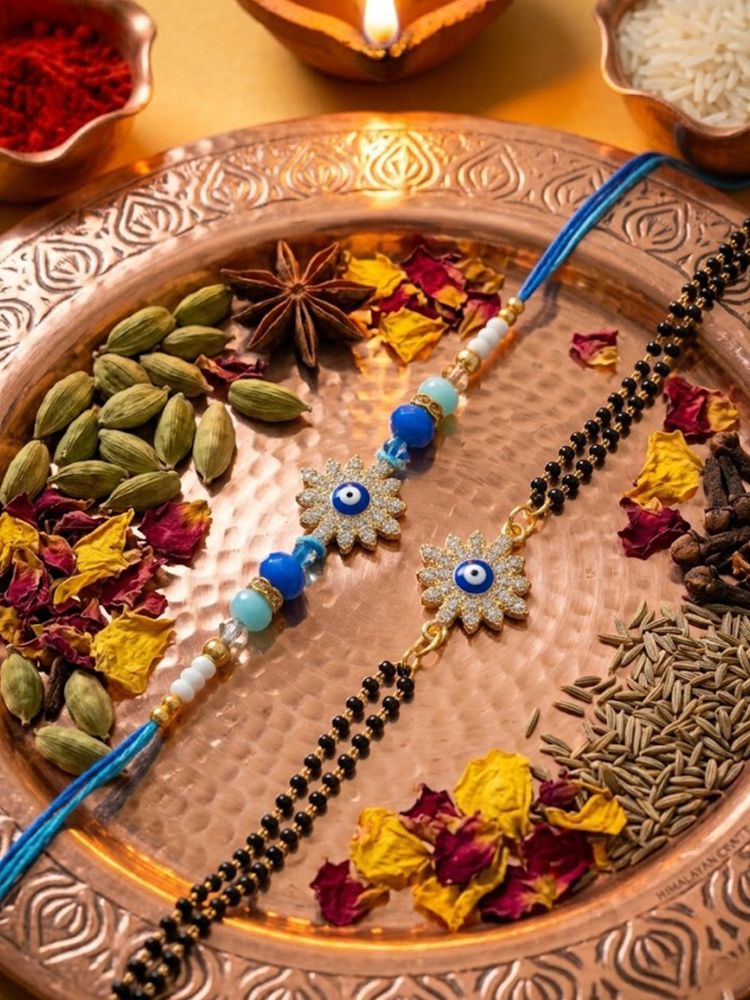 NVR Set of 2 Blue Evil Eye Artificial Stones Bhaiya Bhabhi Rakhi with Roli Chawal Chandan