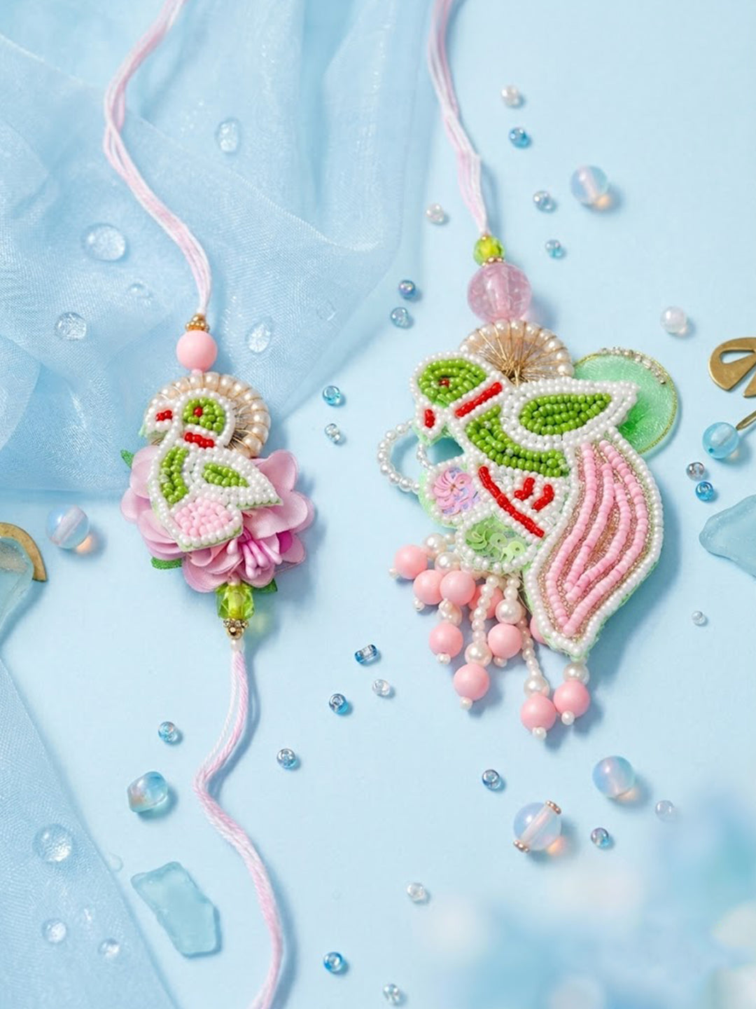 NVR Set of 2 Leaf Design Pearls & Artificial Stones Bhaiya Bhabhi Rakhi with Roli Chawal