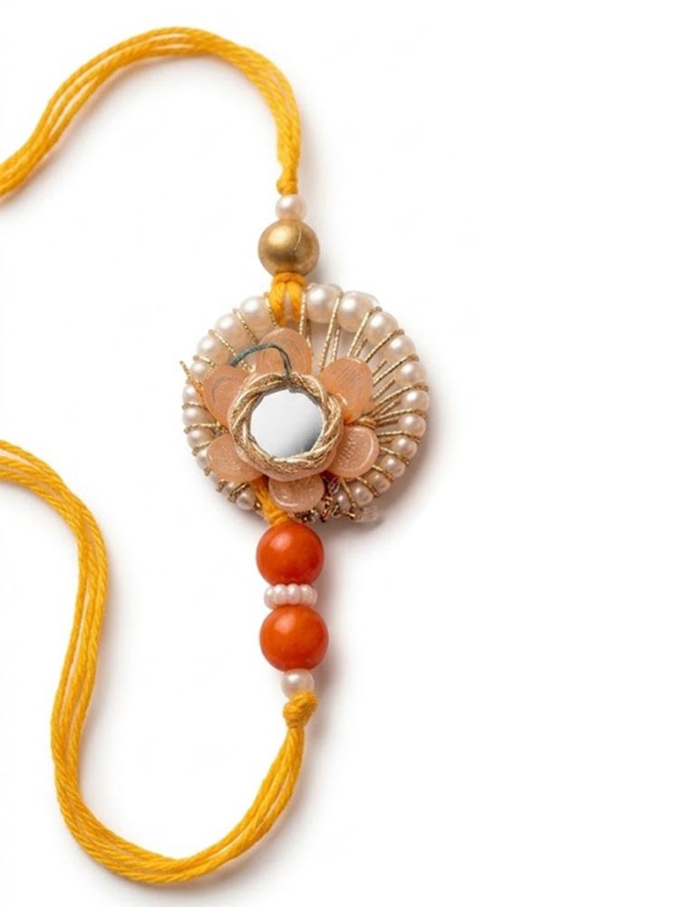 NVR Set of 4 Yellow Artificial Beads & White Pearls Bhaiya Bhabhi Rakhi With Roli Chawal