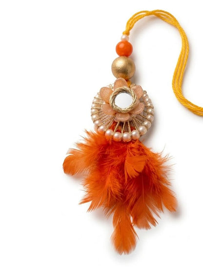 NVR Set of 4 Yellow Artificial Beads & White Pearls Bhaiya Bhabhi Rakhi With Roli Chawal