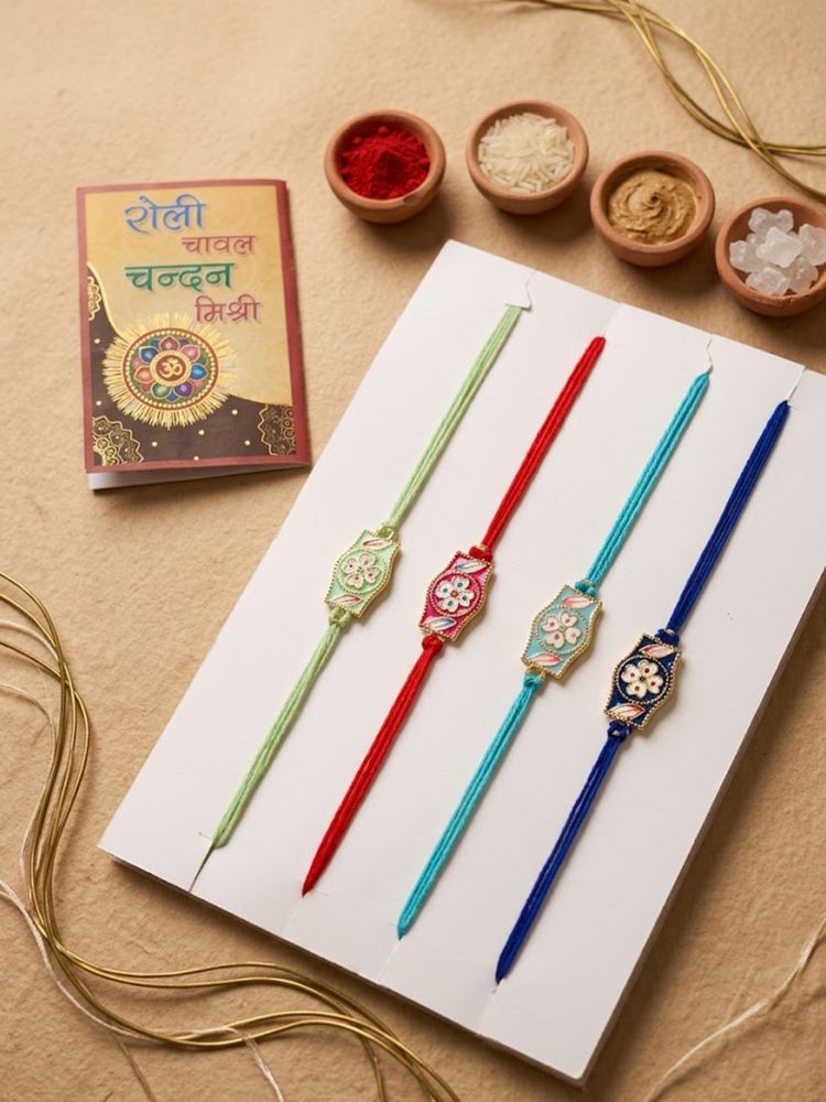 NVR Set of 4 Multicolor Heart Shape Thread Rakhi with Roli Chawal Chandan Mishri