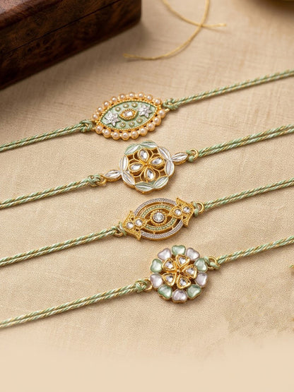NVR Set of 4 White Artificial Stones & Green Thread Rakhi with Roli Chawal Chandan Mishri