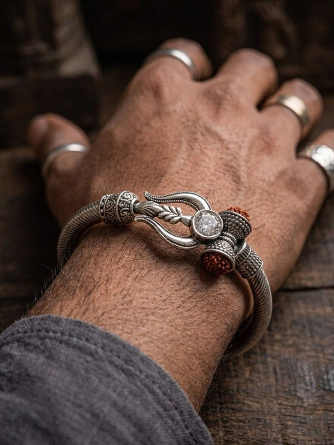 NVR Silver Plated Trishool Design Rudraksh Rakhi Bracelet with Roli Chawal Chandan Mishri