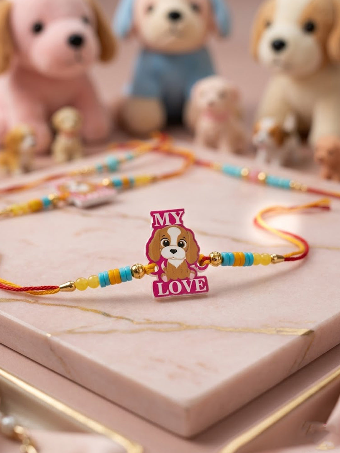 NVR Stylish Artificial Beads Kids Thread Rakhi with Roli Chawal Chandan Mishri