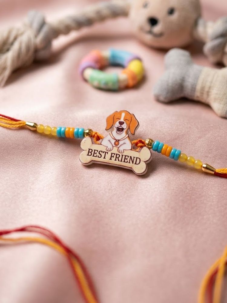 NVR Stylish Artificial Beads Kids Thread Rakhi with Roli Chawal Chandan Mishri