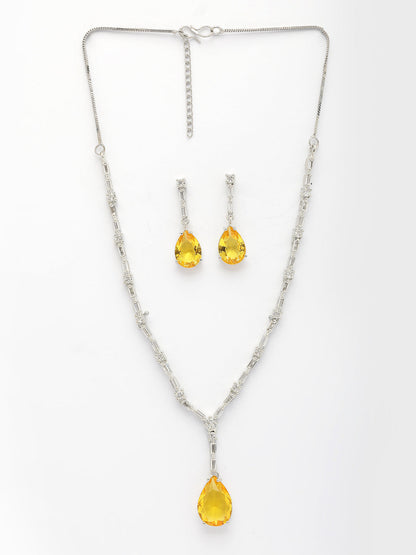 NVR Women's Silver-Plated Yellow American Diamond-Studded Handcrafted Jewellery Set