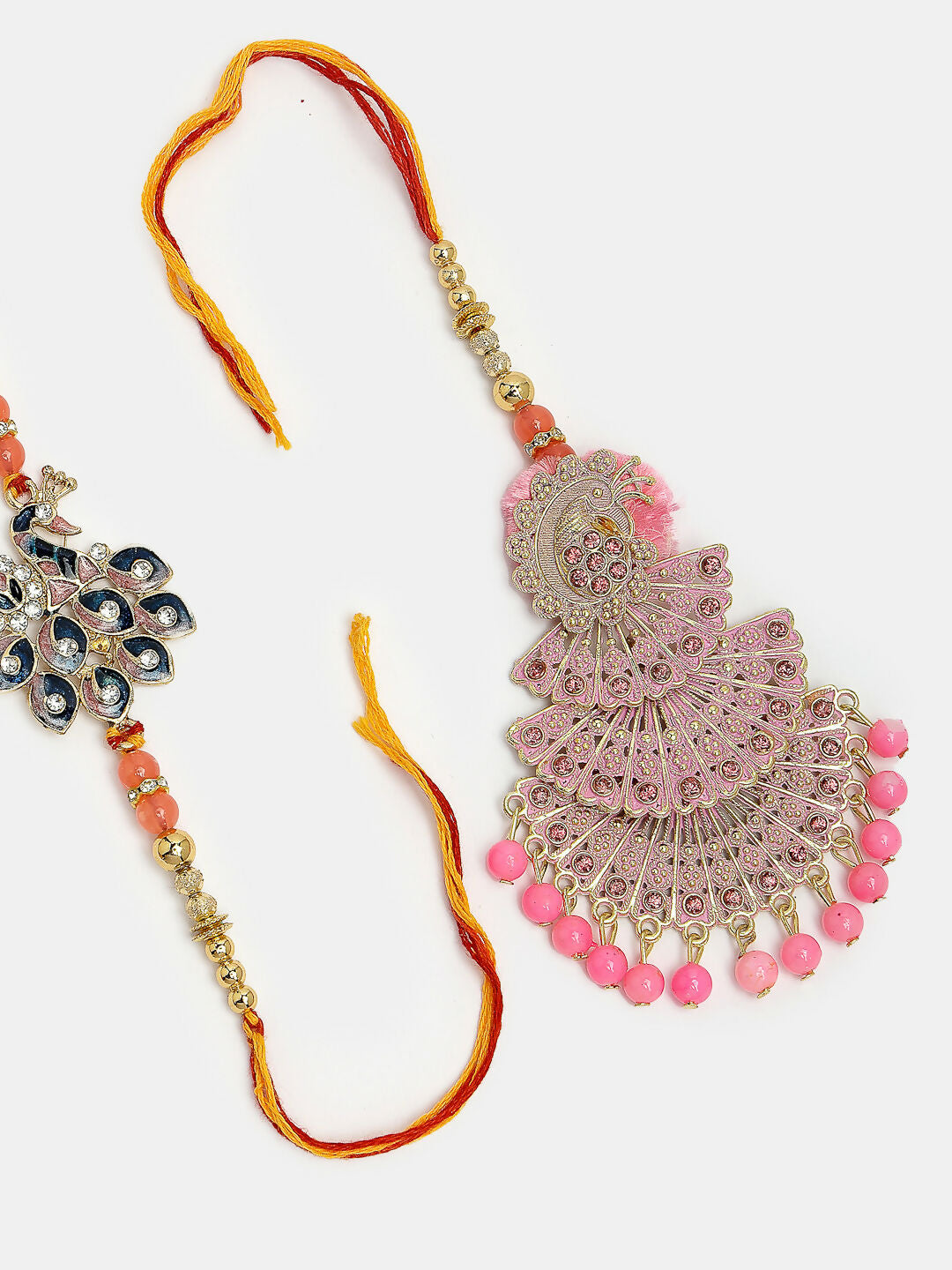 NVR Women & Men Set of 2 Multicolor Peacock Design Stone-Studded & Beaded Bhaiya Bhabhi Rakhi With Roli Chawal & Chocolate