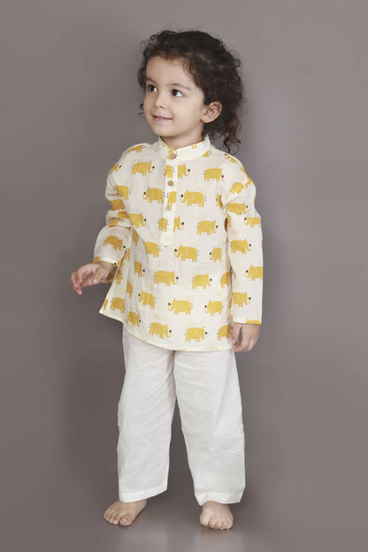 Breathables Kids Cotton Night Suit – Yellow Elephant Print Kurta & Pyjama Co-Ord Set For Boys & Girls