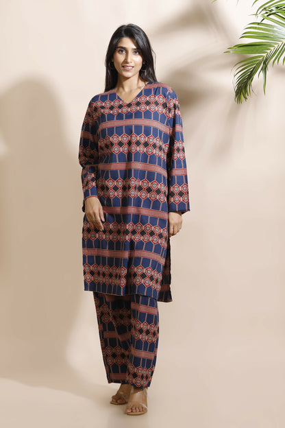 Breathables Women'S Blue Cotton Abstract Print Loungewear Co-Ord Set – Long Kurta & Pants