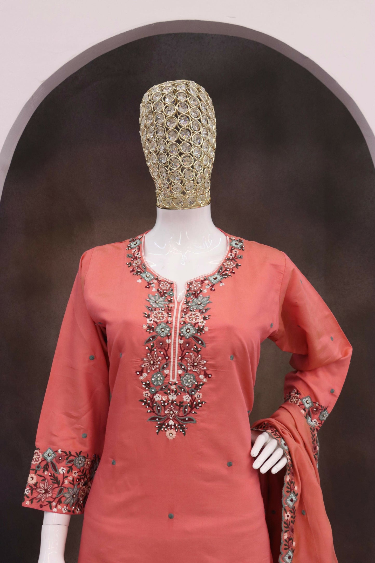 Anaita Peach Simar with Embroidery Multi & Zarkhan Work Readymade Palazzo suit