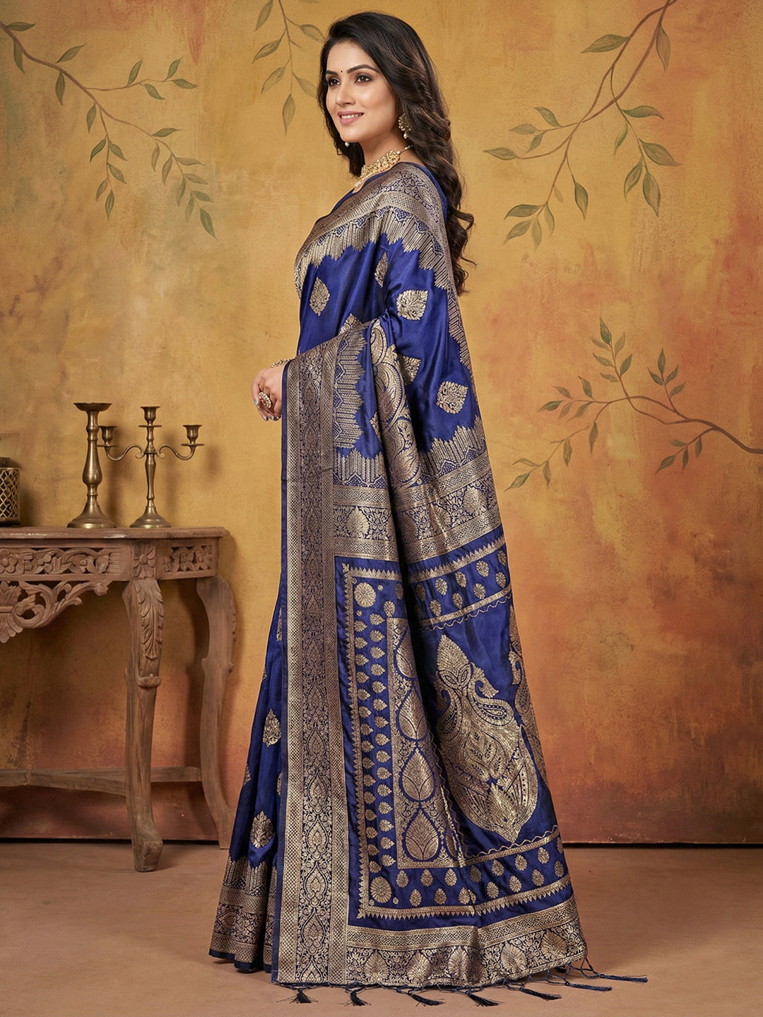 Anaita Navy Silk Blend Woven Saree With Blouse