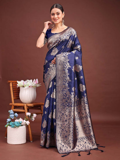 Anaita Navy Banarasi Silk Woven Work Saree With Blouse
