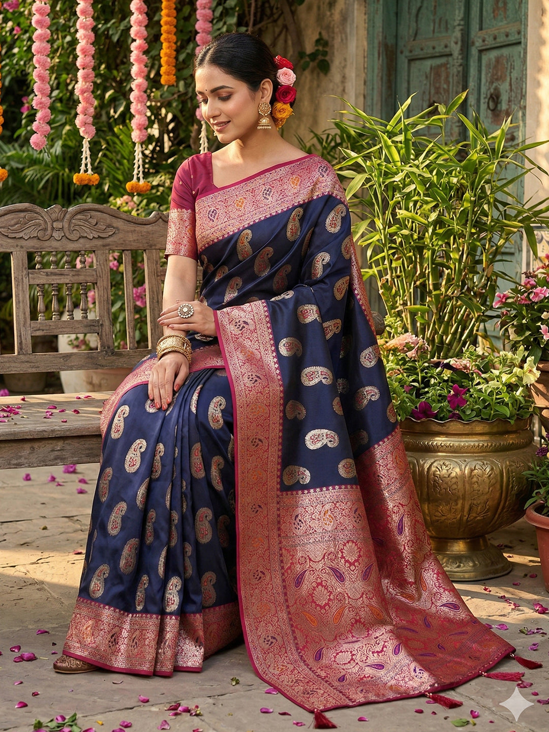 Anaita Navy Silk Blend Woven Saree With Blouse